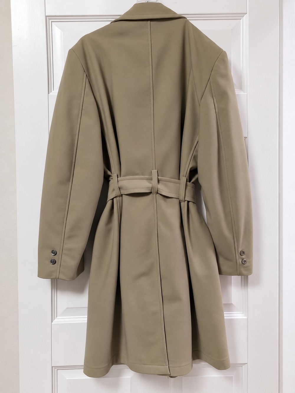Vintage Sears The Travelknit Men's Womens Unisex Belted Olive Trench Coat - Picture 3 of 4
